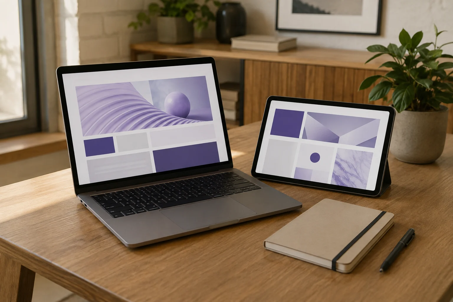 Web tasarım planlamasını temsil eden laptop ve tabletli çalışma masası
